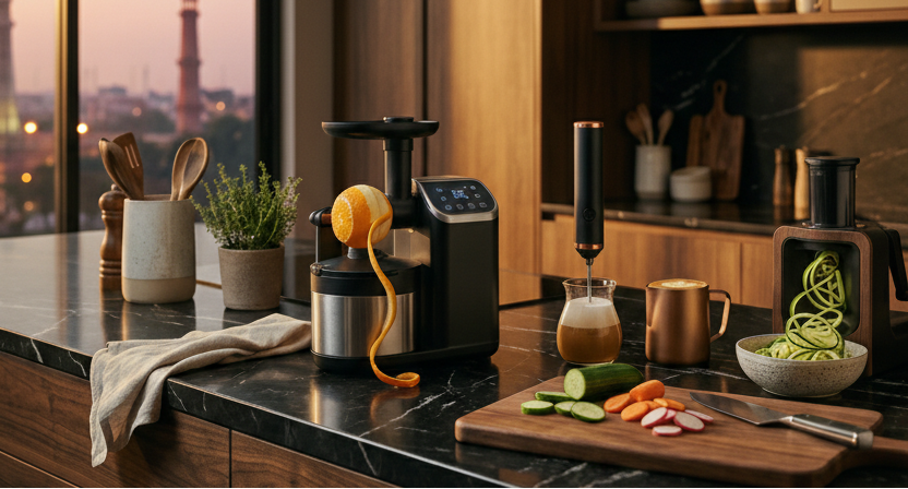 A modern kitchen countertop scene with a black countertop and dark wood cabinetry. On the counter are several kitchen appliances and accessories, including a black countertop blender, a black electric masher or cheese grater device with a spiral attachment, a small jar with a dark handle, a cutting board with sliced vegetables, and other kitchen items.
