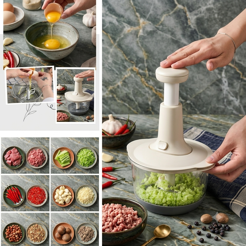 Hand-Press Food Chopper – Plastic Bowl (Onion, Garlic, Meat & Baby Food)