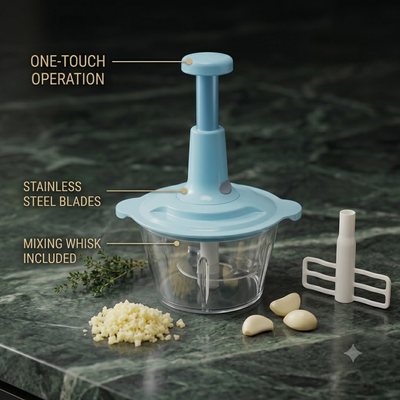 Hand-Press Food Chopper – Plastic Bowl (Onion, Garlic, Meat & Baby Food)