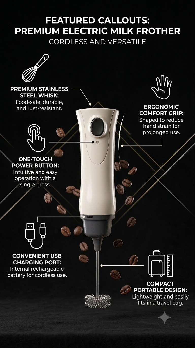 Rechargeable Frother – Handheld Electric Foam Maker for Coffee, Latte & Cappuccino